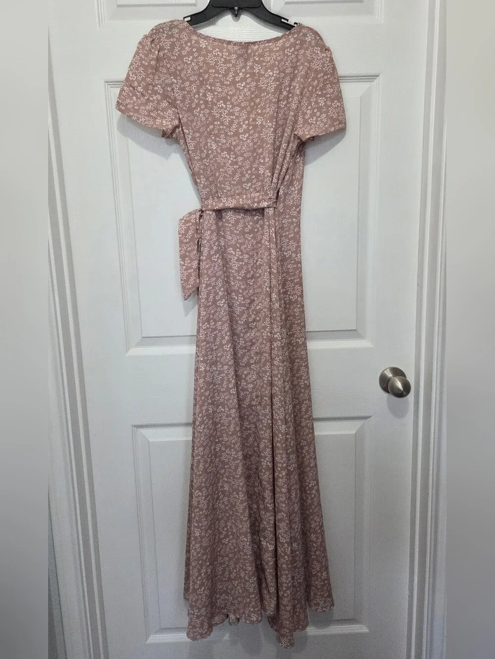 Women Dusty Rose Ditsy White Floral Wrap V-neck Flowy Maxi Dress Sz Extra Small - Picture 9 of 10